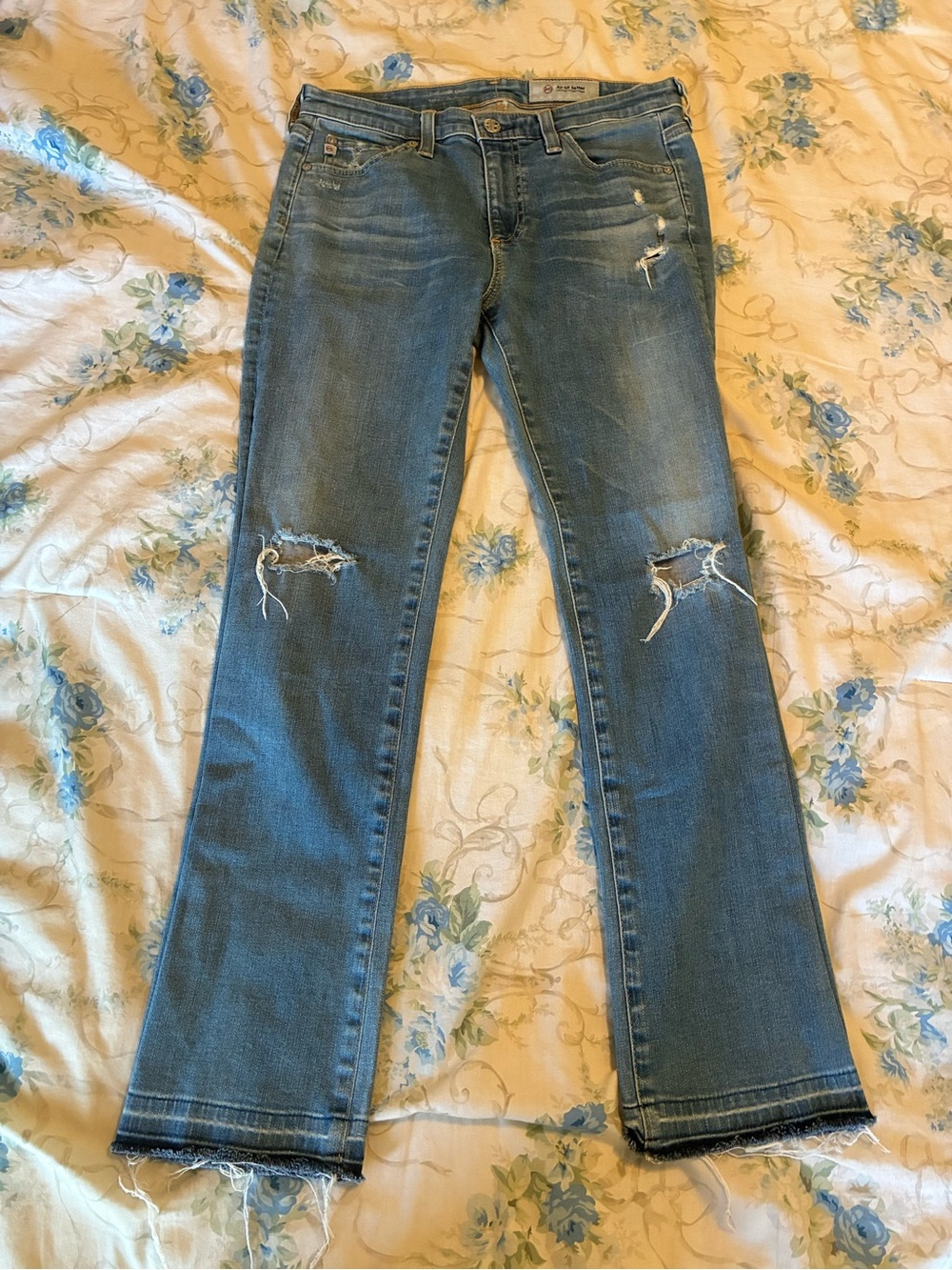 Ag Adriano Goldschmied Medium Blue Distressed Flare Jeans